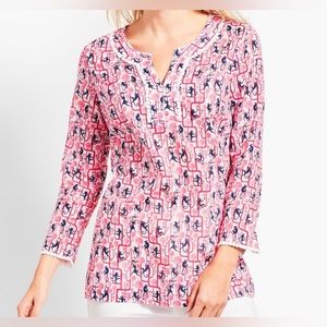 Talbots Woman Novelty Monkey Print Cotton V-neck Top.